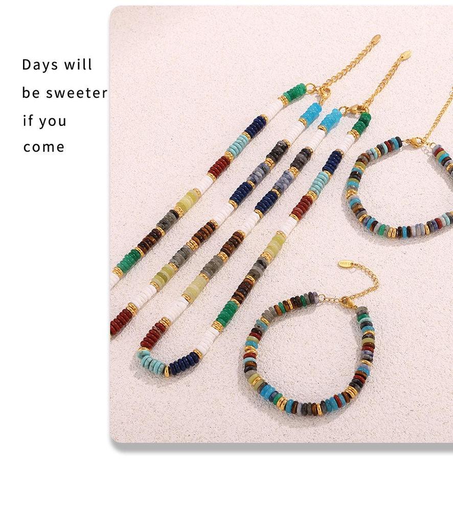 Retro Europejski i Amerykański Naszyjnik i Bransoletka z Koralików Abakusa z Kamienia Naturalnego - Ręcznie Robiony Etniczny Styl Koraliki w Kolorach Tęczy, Lekki Luksus.