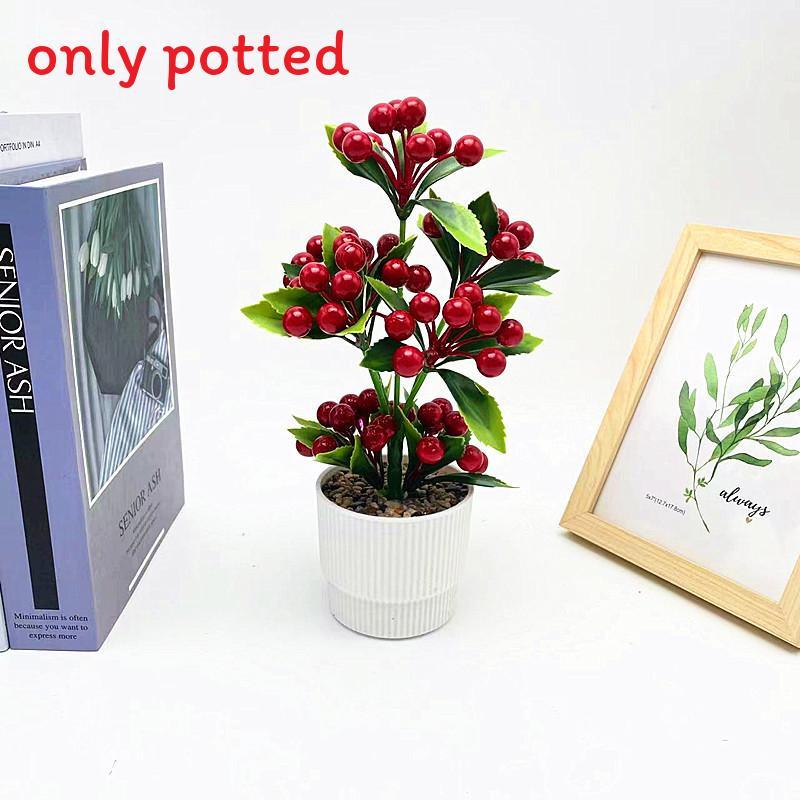 Potted Simulated Berry Plant Artificial Green Plant With Stone Decoration