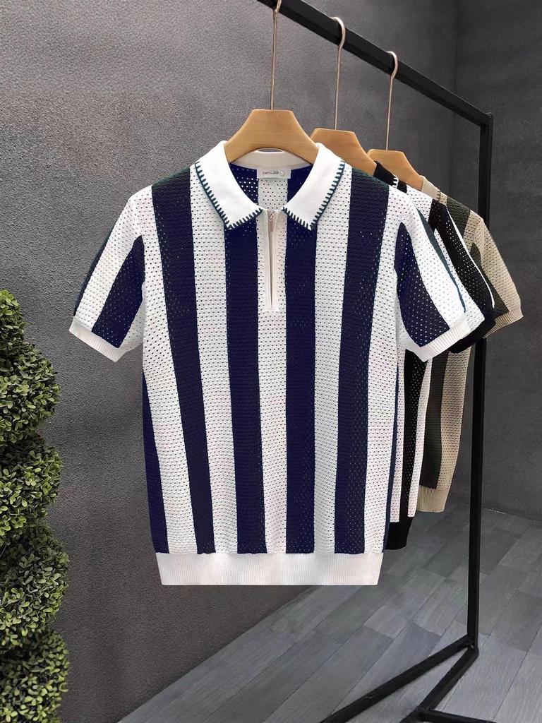 Men's Vintage Openwork Knit Half-Zip Polo Shirt, Short Sleeve, Trendy Royal Blue