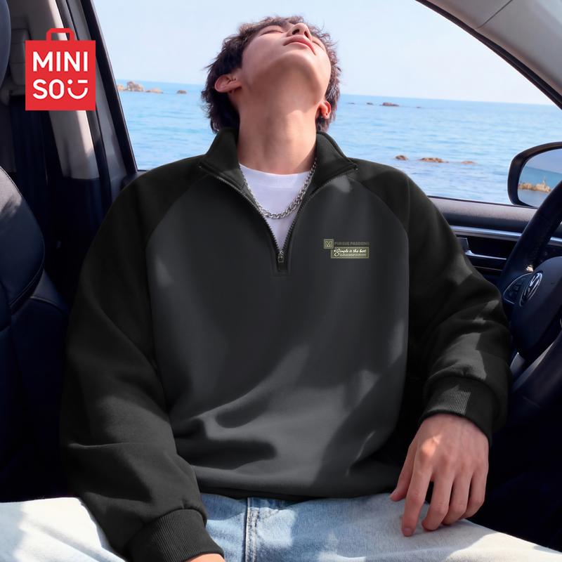 

MINISO Men s American Retro Color Block Half-Zip Pullover Sweatshirt L
