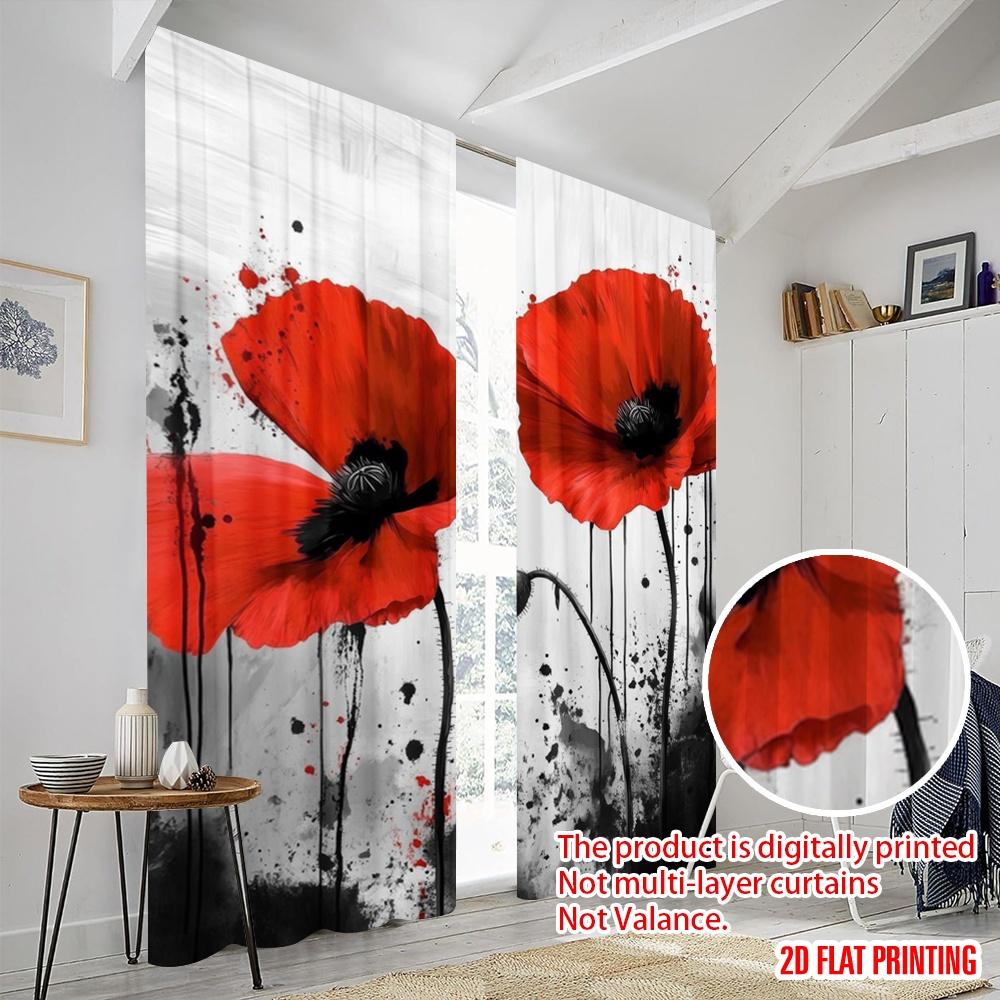 2pcs,2D Plane Printing Print Curtains Painted Poppies Versatile Fabric (without Rod) Versatile All for Bedroom & Living Room,