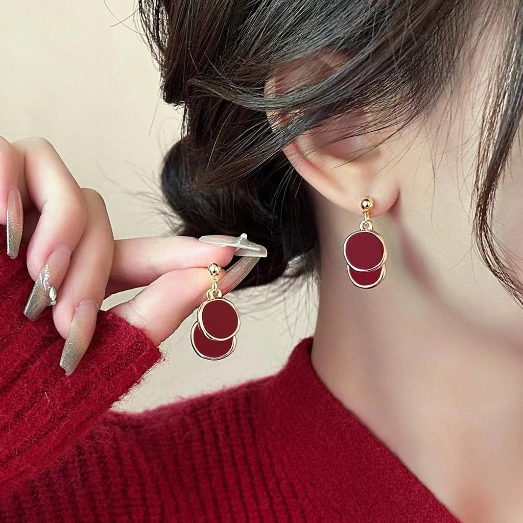 Vintage Maillard Wine Red Earrings Elegant Stud Jewelry For Women Autumn Winter Fashion