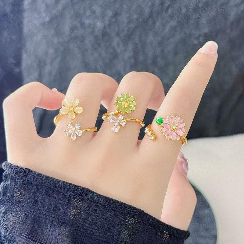 Medieval Vintage Enamel Zircon Flower Opening Ring Niche Design Light Luxury High Sense Ring Woman