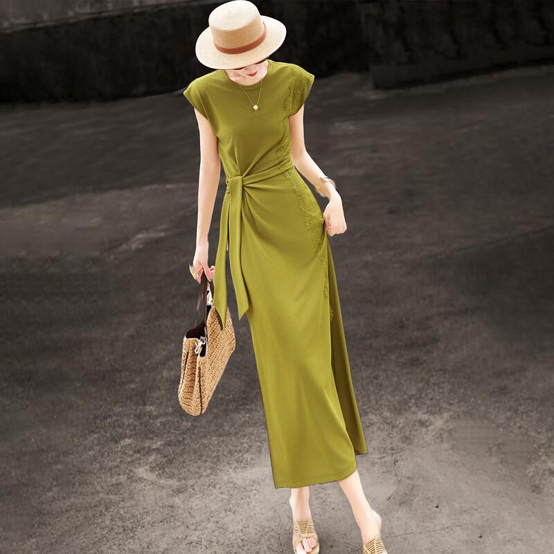 Lanseer Elegant Lace Panel Tie-Waist Midi Dress