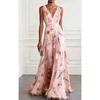 New Women's Tulip Print Sleeveless V-Neck Elegant Long Evening Dress for Women, European American Style Party Gown