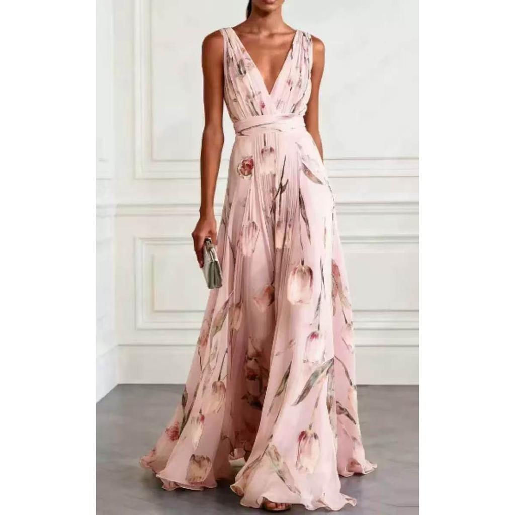 New Women's Tulip Print Sleeveless V-Neck Elegant Long Evening Dress for Women, European American Style Party Gown