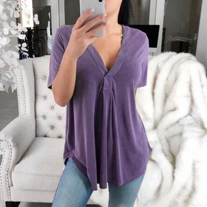 Summer Sexy Women Fashion Casual Loose Tops Casual T-Shirt Summer V-Neck Solid Color Plus Size Short Sleeve Blouse