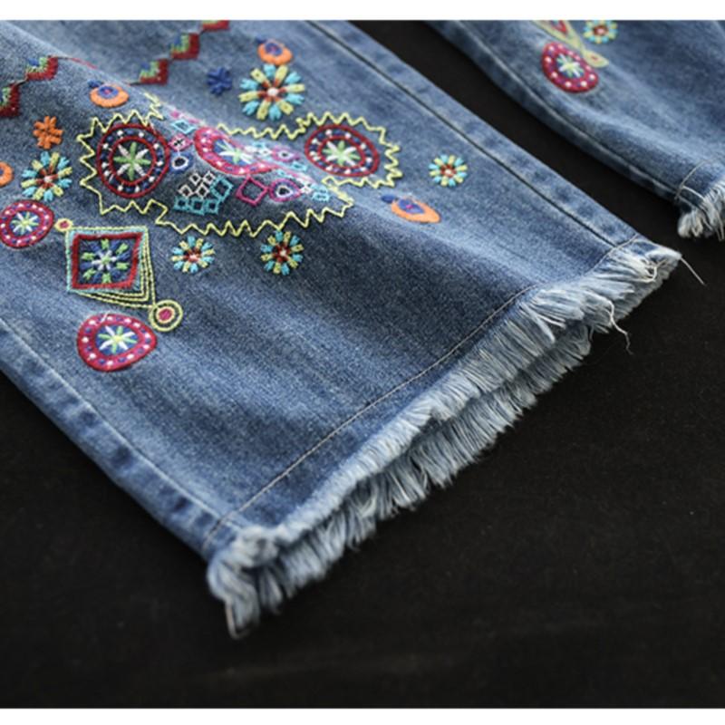 Johnature Kvinner Høstbroderi Blomster Denim Bukser med brede ben Elastisk midje Blå Løs bukse Kvinner ankellange bukser