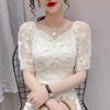 Women’s Summer Slim Fit One-Shoulder Lace Embroidery Chiffon Top with Mesh Puff Sleeves