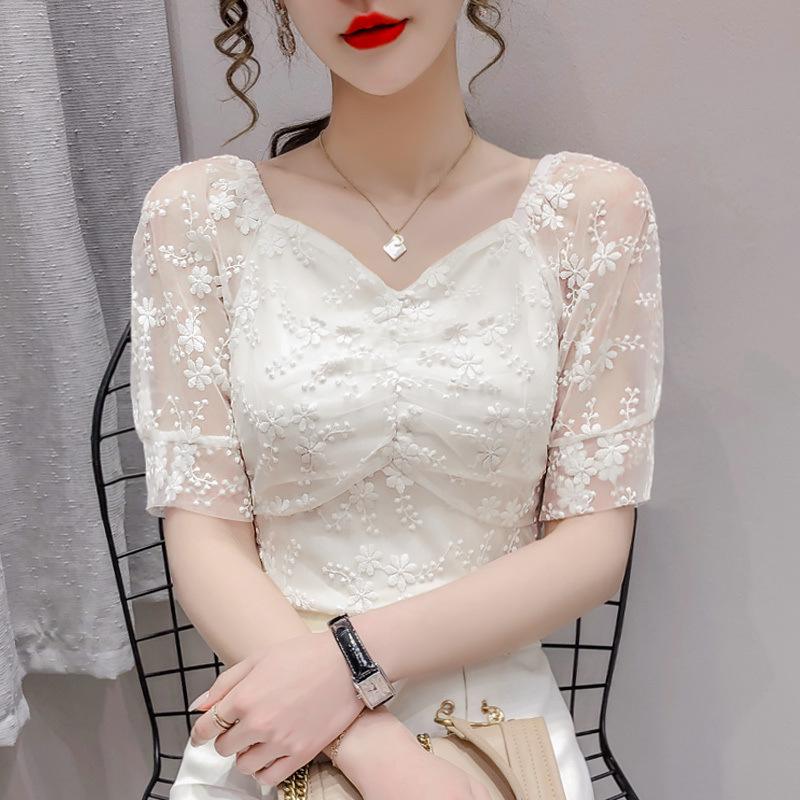 

Women’s Summer Slim Fit One-Shoulder Lace Embroidery Chiffon Top with Mesh Puff Sleeves XXS білий