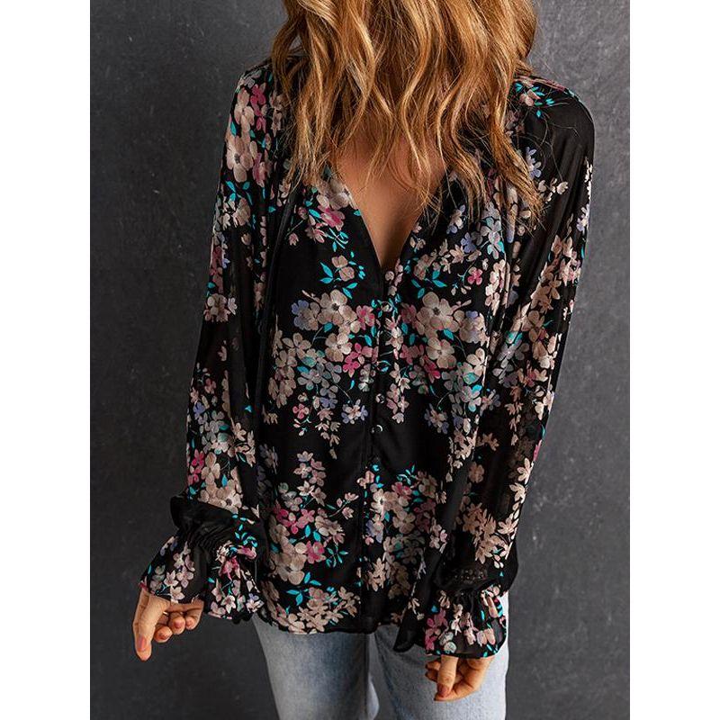 Spring & Fall New Arrival Floral V Neck Long Sleeves Chiffon Shirt European and American All-Matching Single-Breasted Thin Pullover Shirt for Women