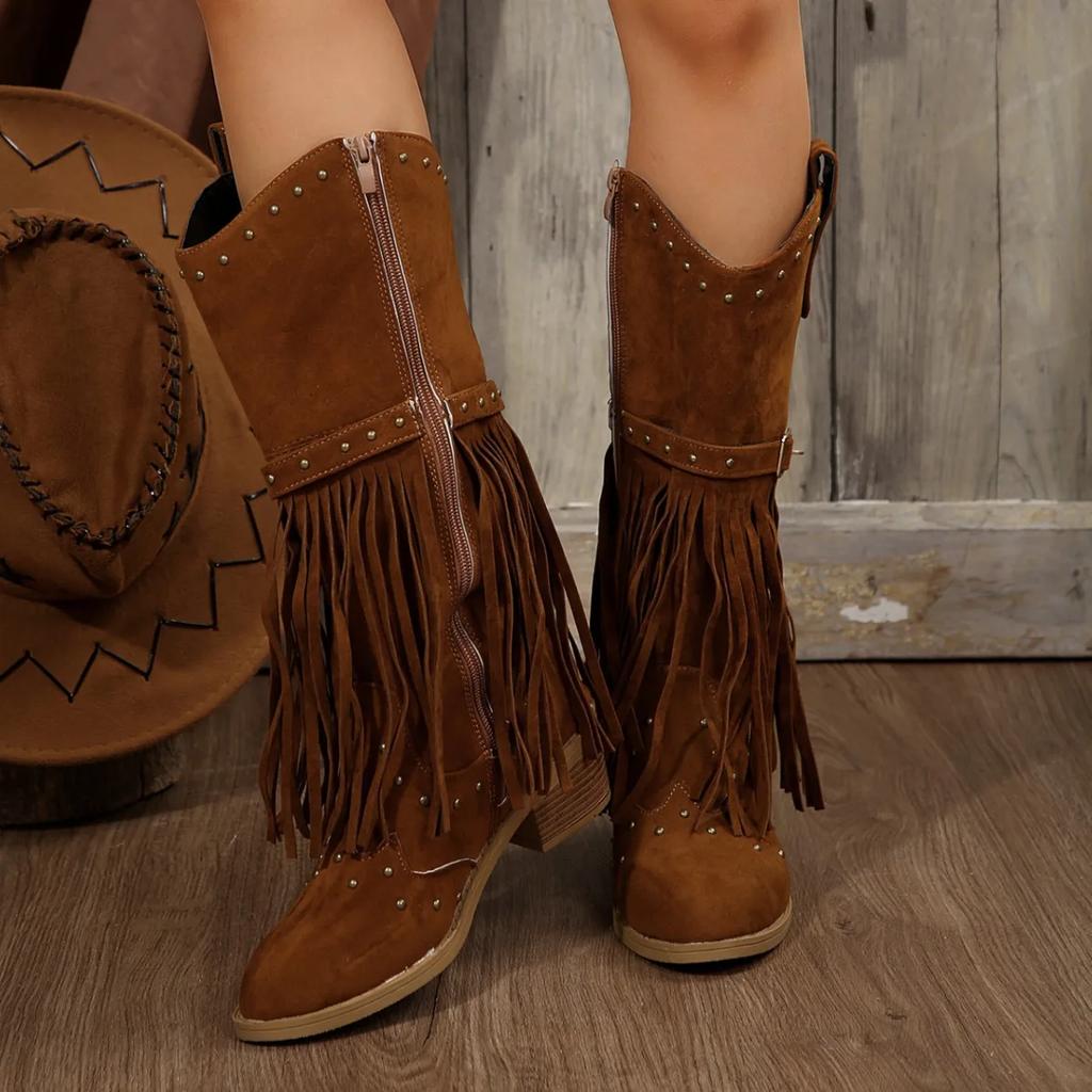 Women Boots 2024 Autumn/winter Plus Size 43 Knight Boots Tassel Retro New Rivet Belt Buckle Zipper Fashion Luxury Midsole Boots