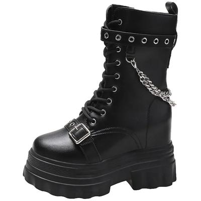 Mode Damen Mid-Calf Stiefel Herbst 2024 Mode PU Leder Kette Plattform Schwarze Booties Punk Britischen Stil Casual Schuhe für Damen