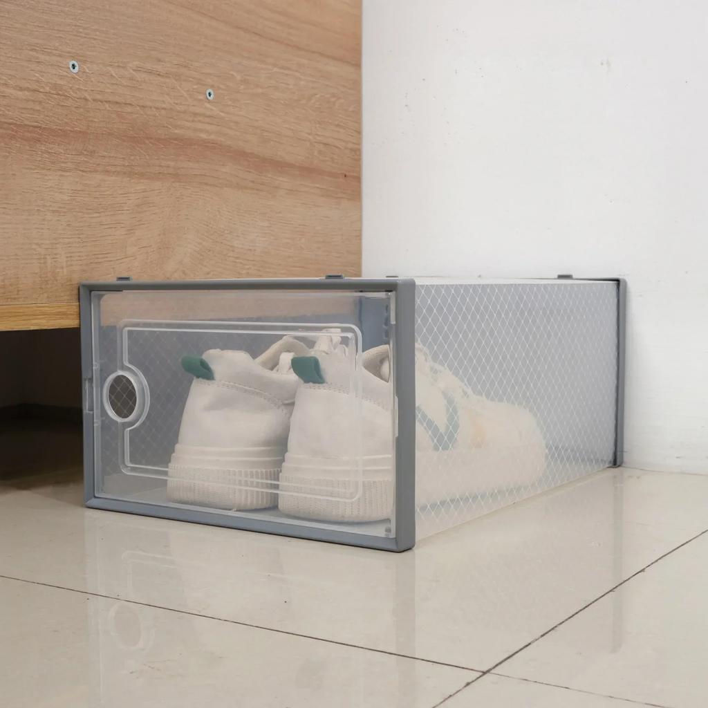 Shoe Storage Box Transparent Visible Square Shoe Container Stackable Large Space Hollow Out Back Breathable Shoe Organizer