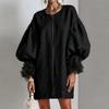Women's Color Round Neck Mesh Panel Sleeve Loose Fit Midi Dress