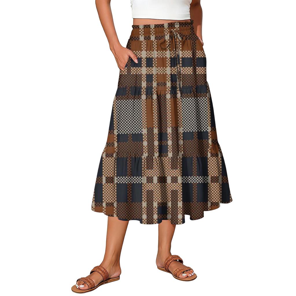 Ladies' Plaid Printed Casual Elastic Waist Drawstring Skirt