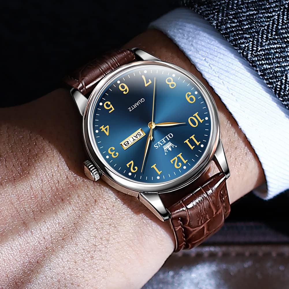 OLEVS Montre analogique à quartz pour homme, bracelet en cuir marron, cadran bleu, grande taille, tendance, pour homme, avec date et semaine