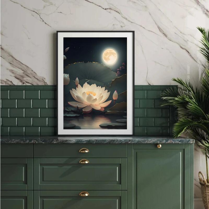 Vintage Scenery Flowers Summer Lotus Lotus Lotus Leaf Moonlight Poster Canvas Painting Wall Art Pictures Home Decor