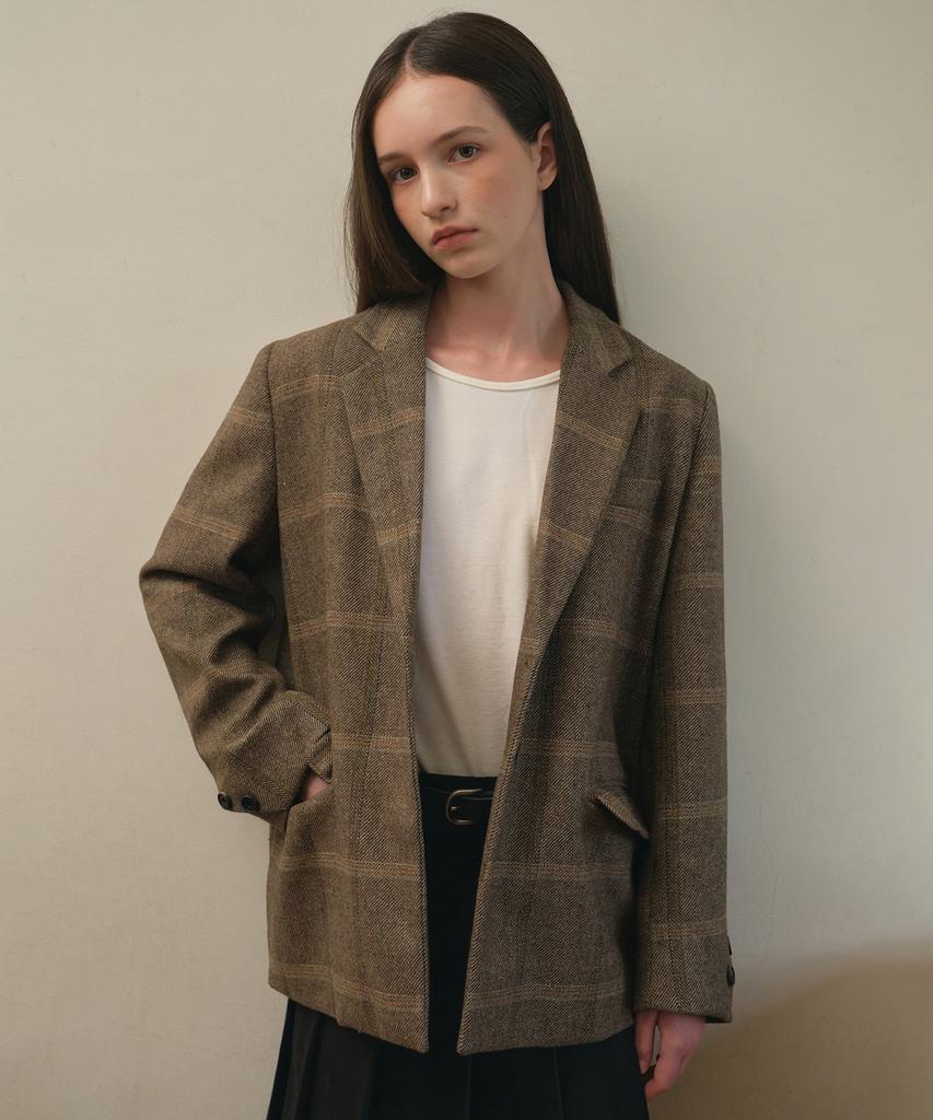 Ournostalgia Vintage Wool Check Tailored Half Jacket_Brown(O25-Ot03)