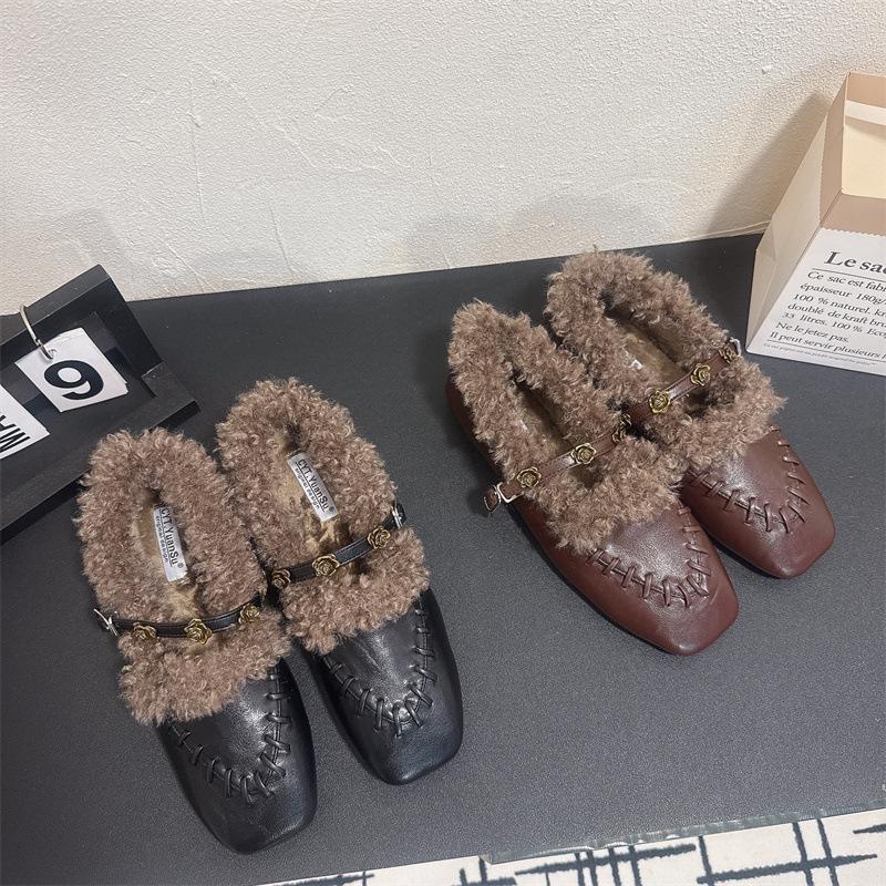 

2025 autumn and winter new round head with lamb wool soft sole versatile commuter work women s single shoes 39 чёрный