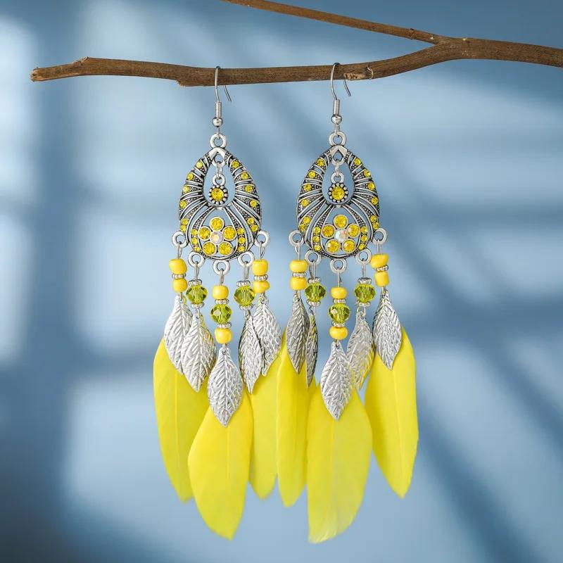 Bohemain Feather Long Earrings For Women Vintage Geometric Handmade Crystal Beads Wedding Drop Dangle Boho Girls Ear Jewelry