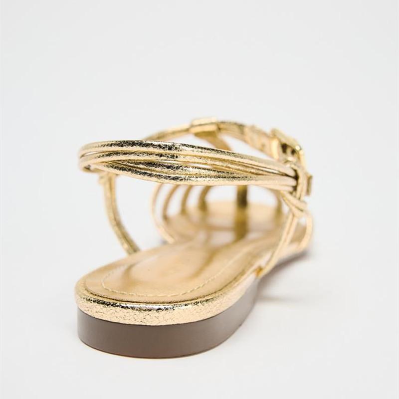 Fashion Luxury Gold Flat Sandals Women Summer Hollow Design Gladiator Sandals Comfortable Ankle Strap Casual Beach Shoes Mules Sandalias