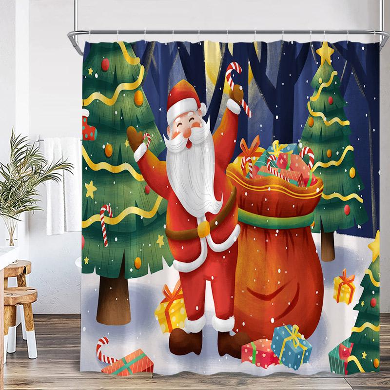 Jultomten Jul Duschdraperi Vinterhus Julgran Gåva Katt Öppen spis Badrumsgardin Tyg Hem Badrumsinredning med Krokar