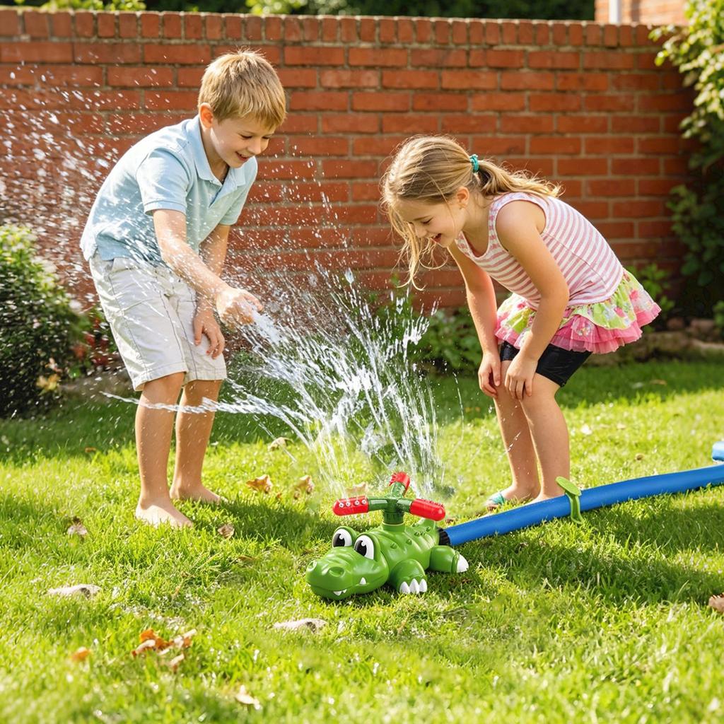 Outdoor Crocodile Sprinkler Toy with Baseball Launcher for Kids Backyard Water Play and Lawn Activities 2 in 1 Summer Garden Game Set for Children