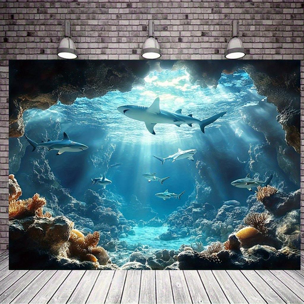 Underwater Sea Life Polyester Tapestry, Oceanic Shark Coral Fish Wall Decor For Birthday & Bachelor Parties | Non-Electric, Vers