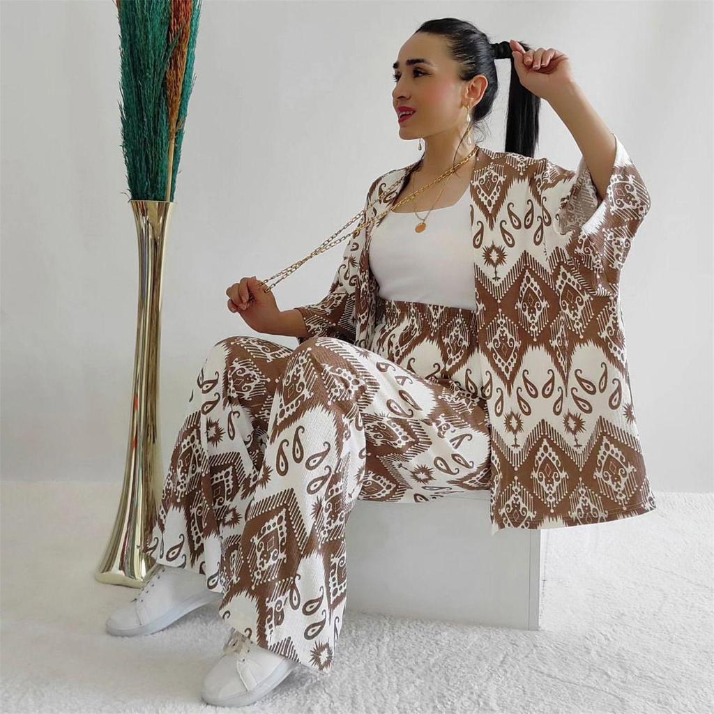 Temu 2024 Summer Women's Loose Plus Size Printed Set: Mid-Sleeve Shirt & Wide-Leg Pants