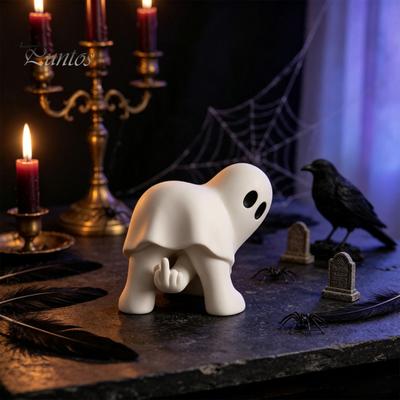 Funny Gesture Ghost Decor Halloween Figurine with Middle Finger, Cute Statue, Matte White Sculptures Spooky Resin Humor Desk for Party Home