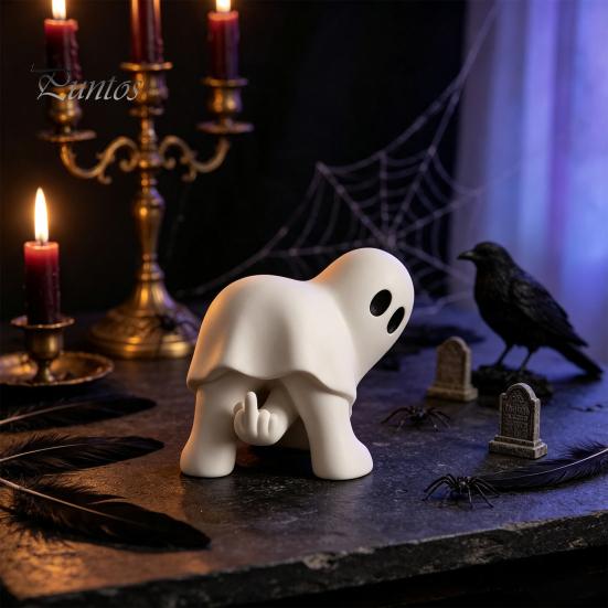 Funny Gesture Ghost Decor Halloween Figurine with Middle Finger, Cute Statue, Matte White Sculptures Spooky Resin Humor Desk for Party Home