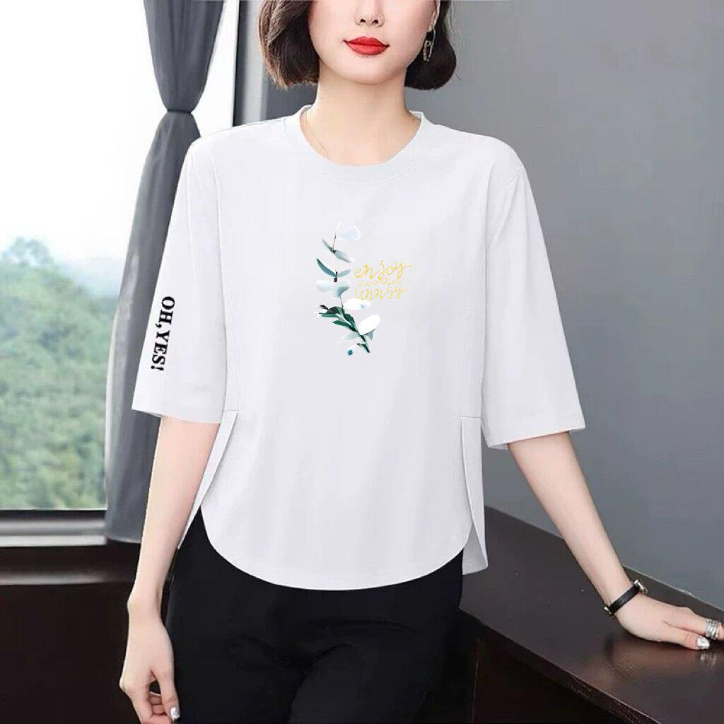 

Korean Vintage Seven-Sleeve Slimming Printed T-shirt for Middle-Aged and Elderly Women L