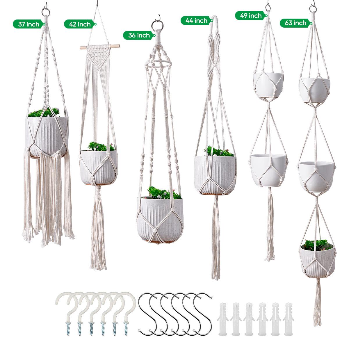 2026 Woven Flower Pot Net Pocket, Combined Hanging Rope Gardening Flower Pot Hand-woven DIY Cotton Rope Creative Cotton Rope Net Pocket White combination