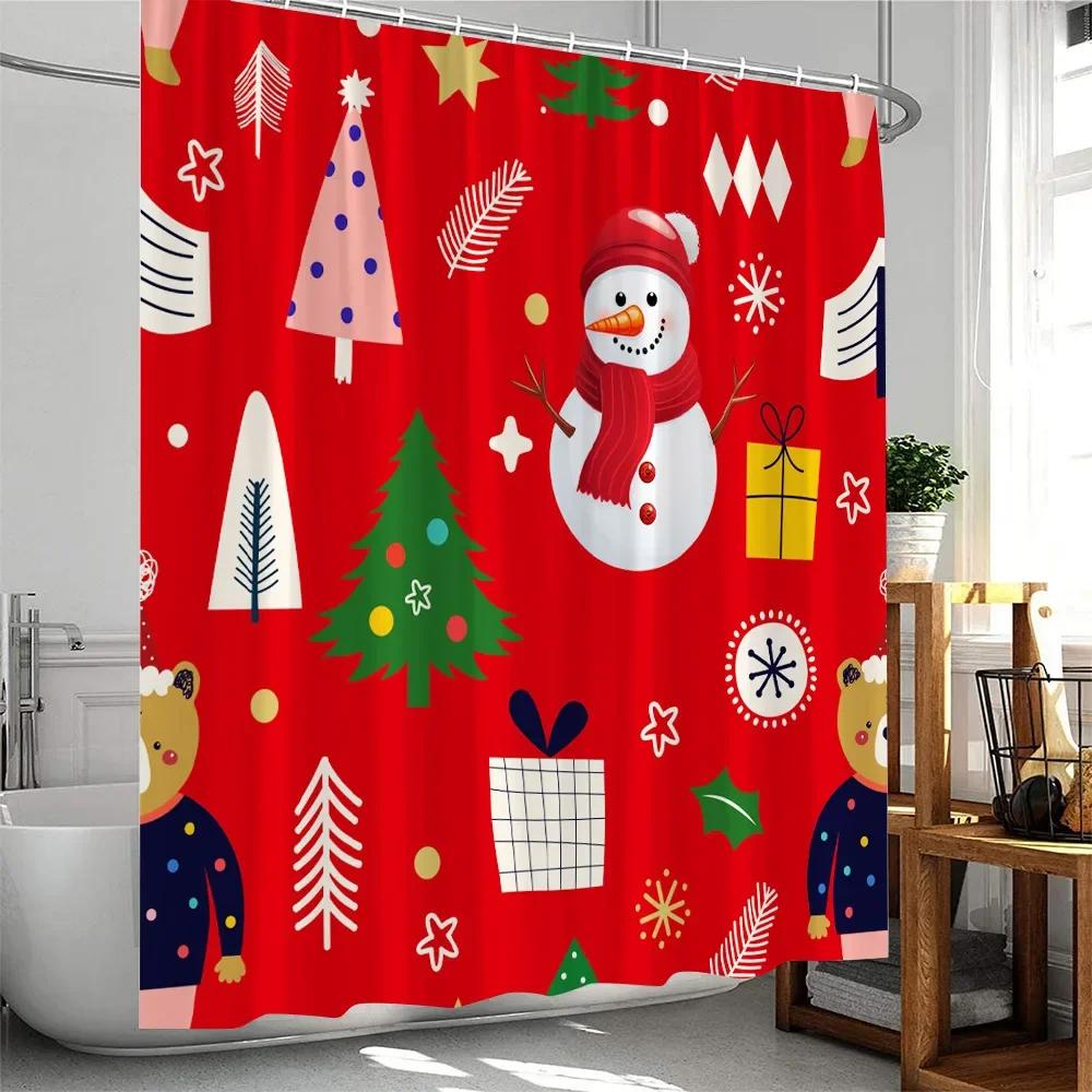Christmas Cartoon Shower Curtain Santa Claus Xmas Tree Elk Snowflake Merry Christmas Bathtub Decor Polyester Fabric Bath Curtain