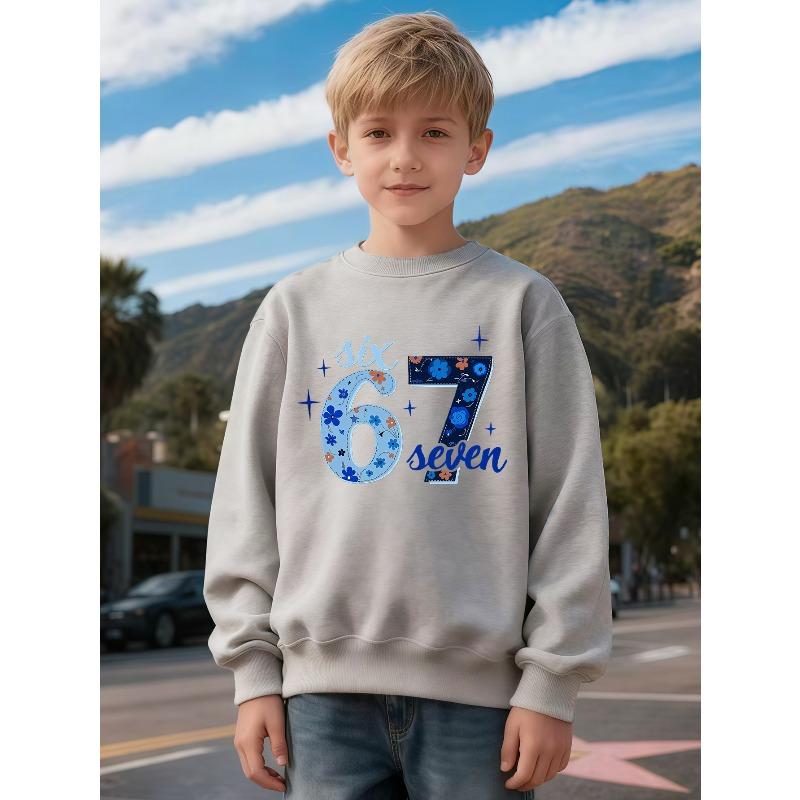 Kids Unisex Crewneck Sweatshirt, Light & Dark Blue Floral Stitch 67 Six Seven Star Print Long Sleeve Pullover, Soft Sweatshirts for Boys Girls Ages 4+