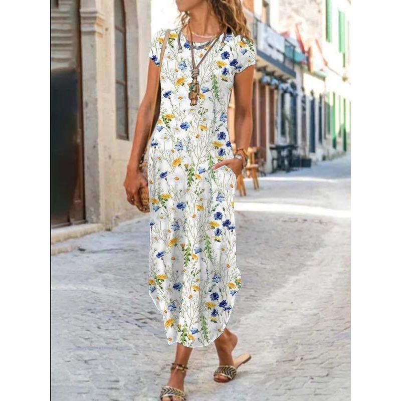 BITCED Vestidos Casuais de Manga Curta com Gola Redonda para Verão e Primavera