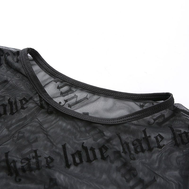 Sexy Women Mesh T-Shirts See-Through Perspective Tshirt Letter Printed O Neck Transparent Long Sleeve T Shirt Tops Women