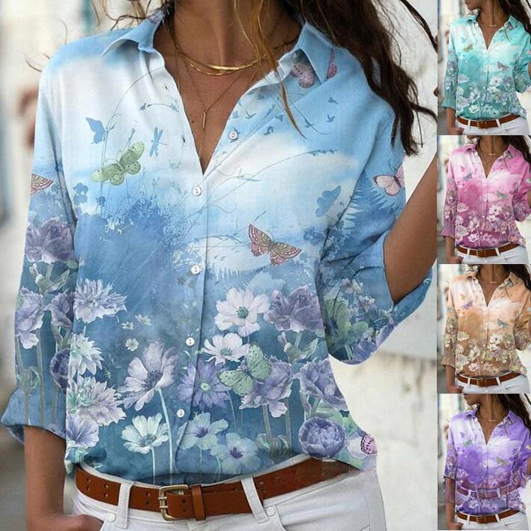 

Spring and Summer Women s Printed Long Sleeved Lapel Shirt S озеро синього кольору