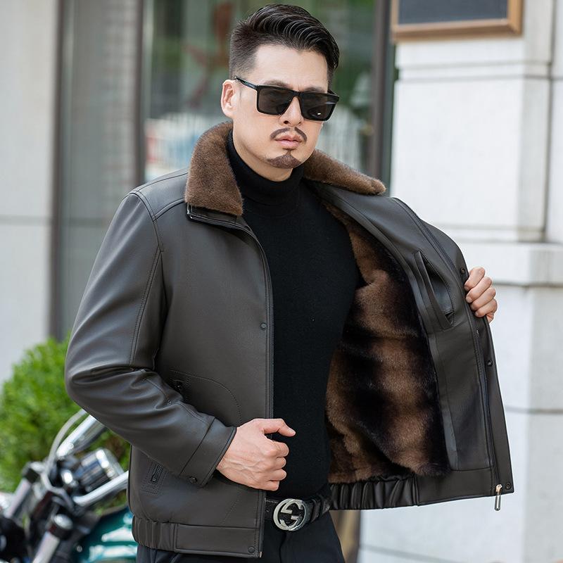 

Зимняя бархатная утолщенная куртка из натуральной кожи, мужская кожаная куртка с лацканами из овчины, кожаная подкладка, съемная куртка для людей среднего возраста 200