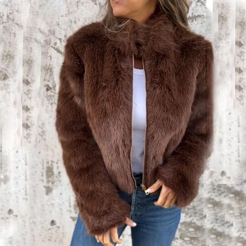 

Женская осенне-зимняя винтажная теплая легкая тонкая куртка из искусственного меха с воротником-стойкой и длинными рукавами, повседневная верхняя одежда на молнии S темно-коричневого
