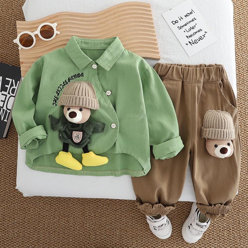 Baby Bear Shirt & Pants Set – Cute Cotton Spring Outfit for Toddler Boys, Teddy Bear Print 2-Piece Clothes 80cm