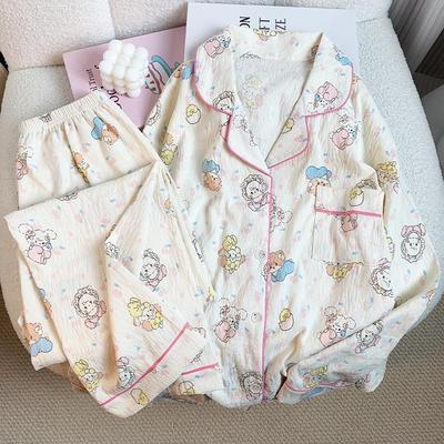 Pijama de Algodón con Estampado de Gato Lindo Estilo Japonés para Mujer, Conjunto de Casa de Manga Larga para Primavera y Otoño