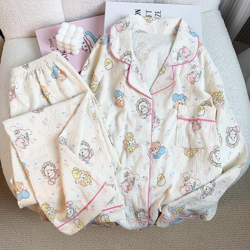 Japanese-Style Cute Cat Print Cotton Pajamas for Women, Long-Sleeved Home Set for Spring & Autumn