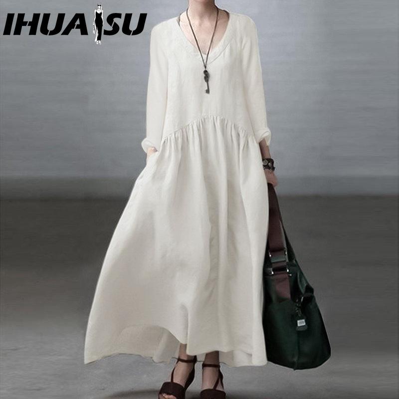 

IHUASU Хлопковое Повседневное Женское Платье V-образный вырез Длинный рукав Повседневные платья XXL белый