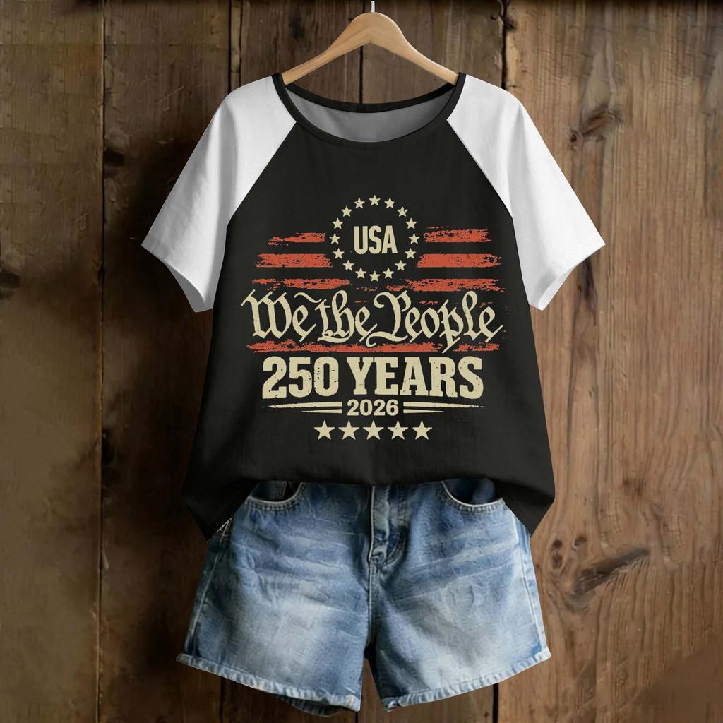 Women Fashion Printed T Shirt USA We The People 250 Years 2026 Graphic Tee Casual Short Sleeve Top Soft Comfortable Fit