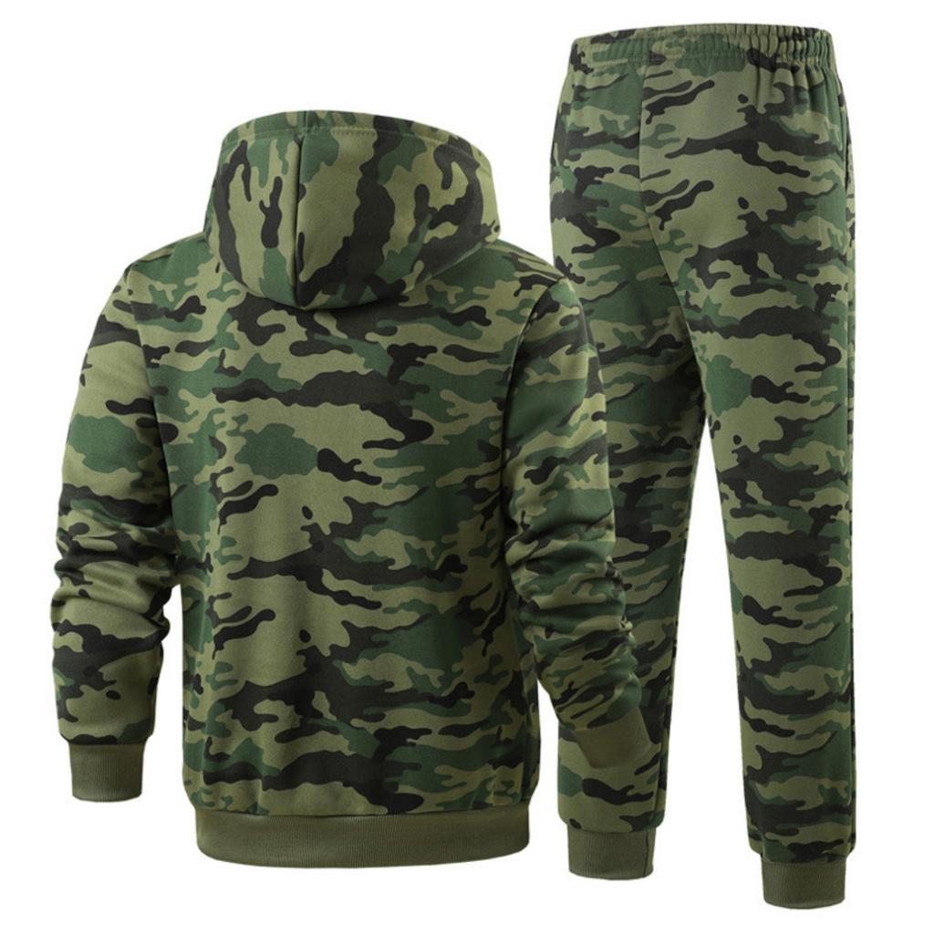 Completo Outdoor da Uomo 2 Pezzi con Stampa Mimetica, Giacca con Cappuccio e Zip e Pantaloni Jogger a Vita Elastica