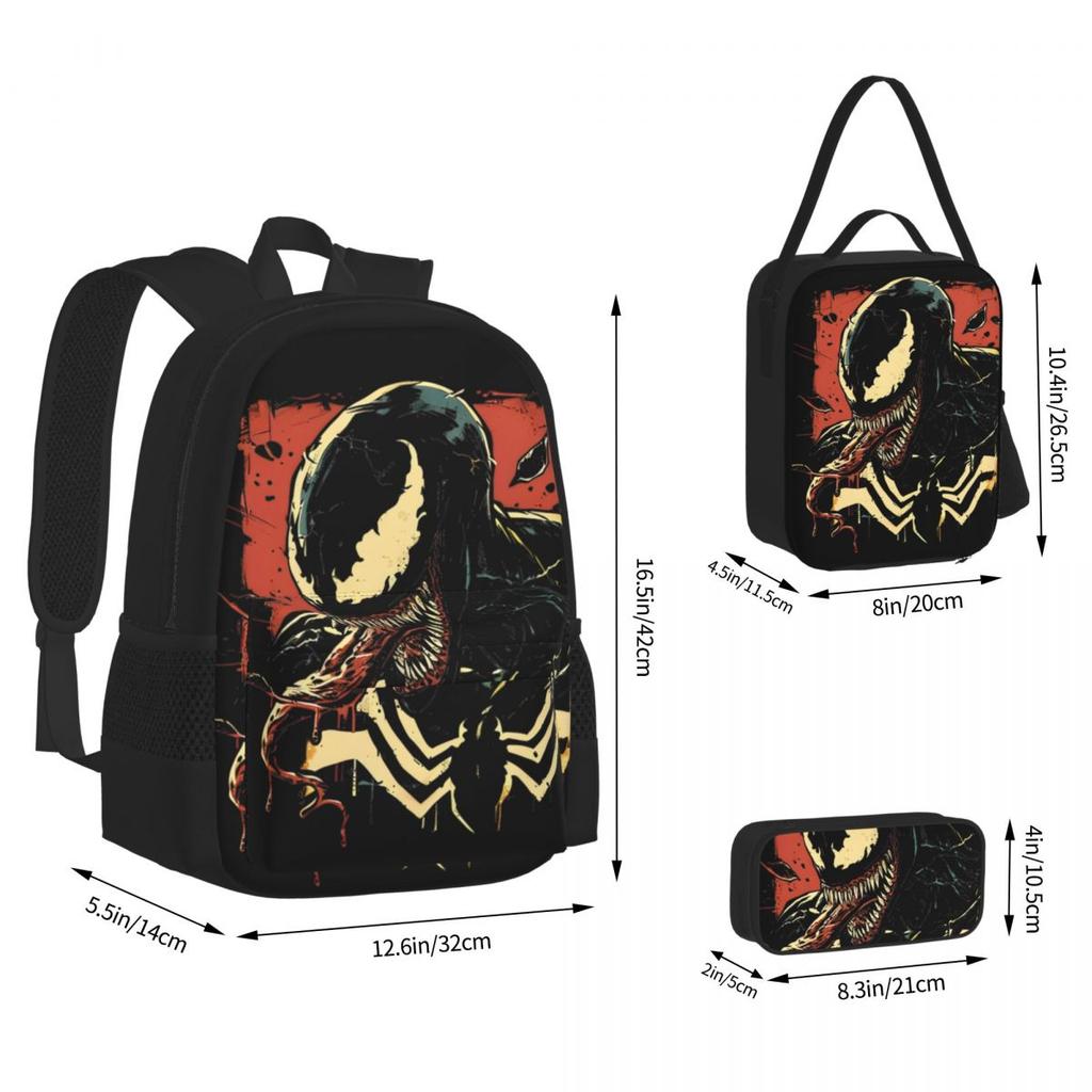 Venom Venomous Fury 3pecs/set Backpack for Teenage High School Shoulder Bag Lunch Bag Pencil Case