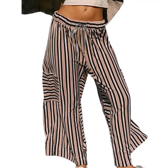 Pantaloni da donna Vita elastica Coulisse Gamba larga Casual Pantaloni estivi con tasche Stampa a righe Pantaloni lunghi Viaggio Abbigliamento quotidiano