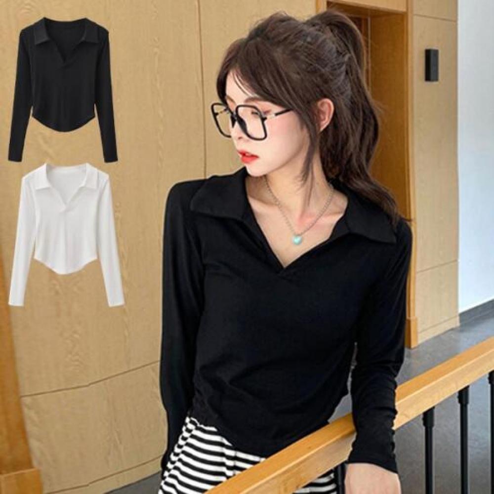 New ArriValS Open Run Women S V Neck Collared Long SleeVe Ribbed T ShirT